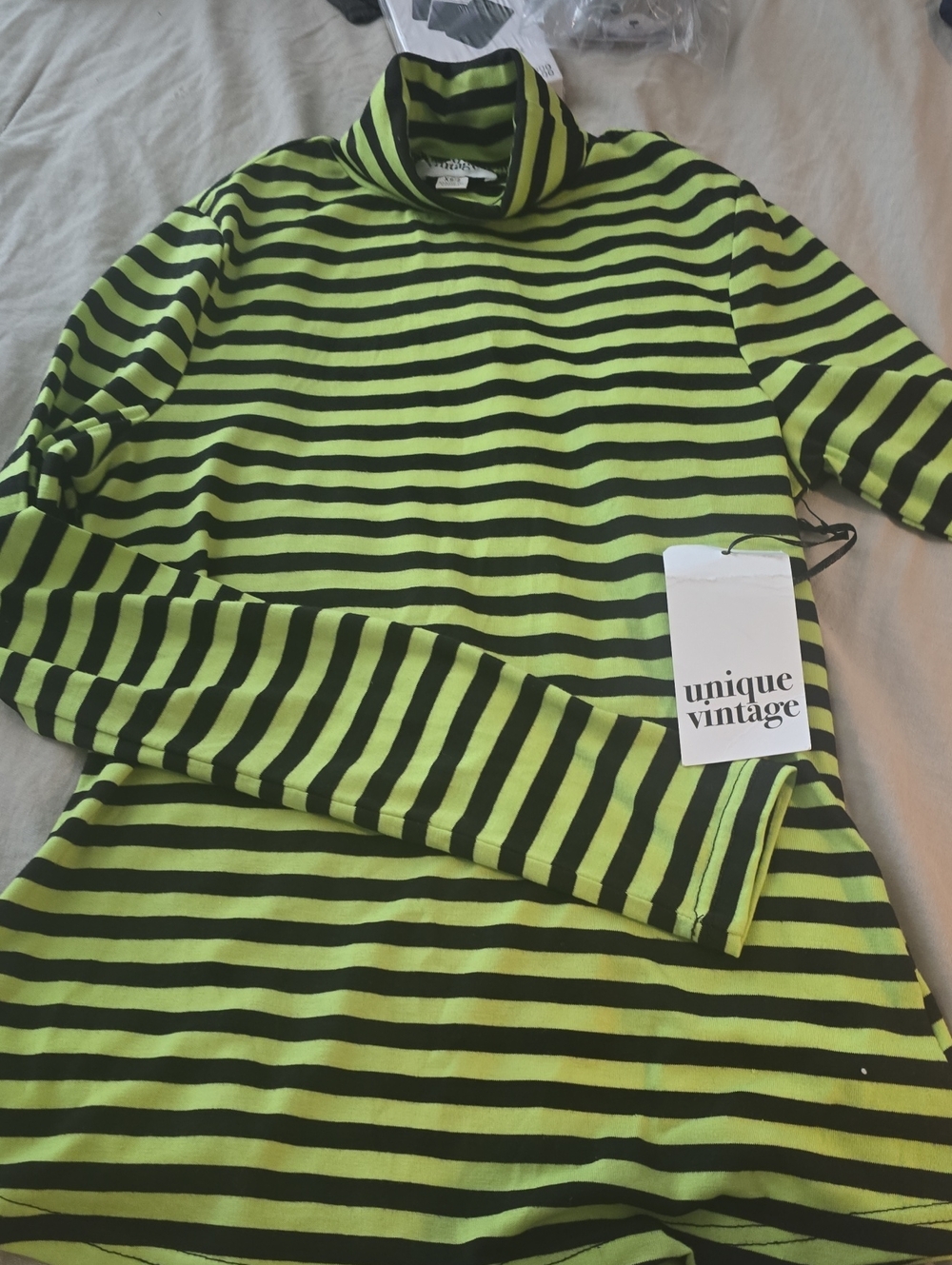 Unique Vintage Neon Green & Black Striped Turtleneck Top